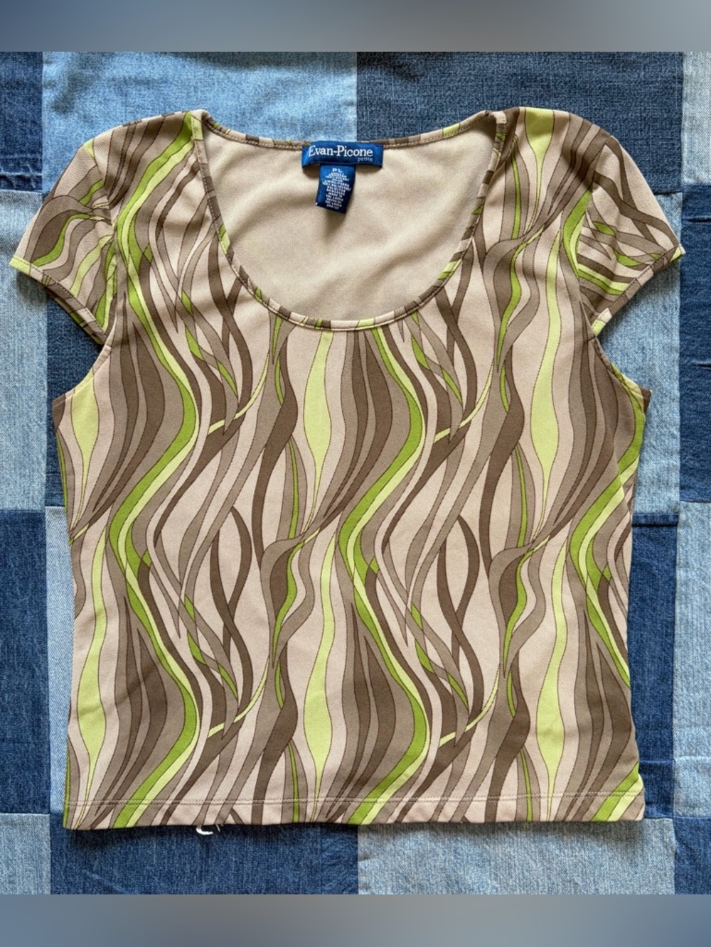 vtg y2k evan picone baby t shirt abstract tan green cap sleeve micro mesh